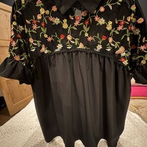 Floral Embroidered Black Women's Top
